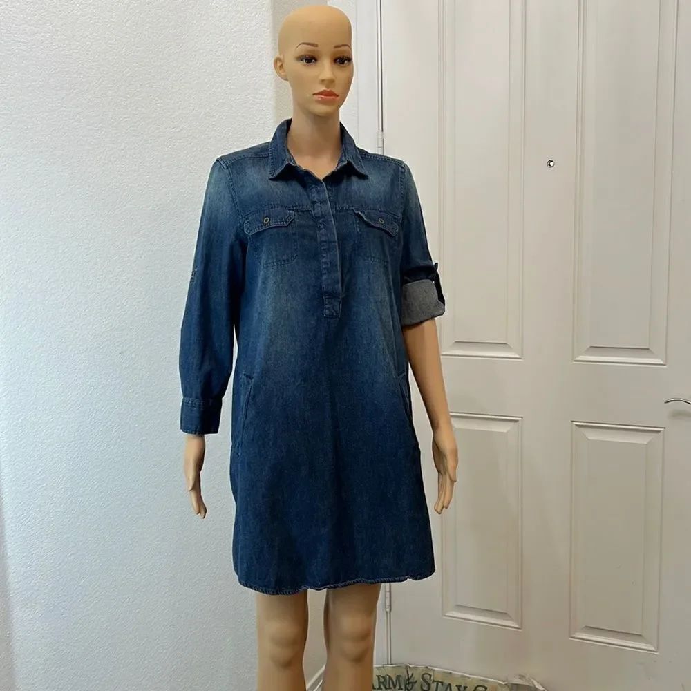 Canyon River Blues Dress Size Medium Long Or 3/4 Sleeve 4 Pockets Mini 💯 Cotton